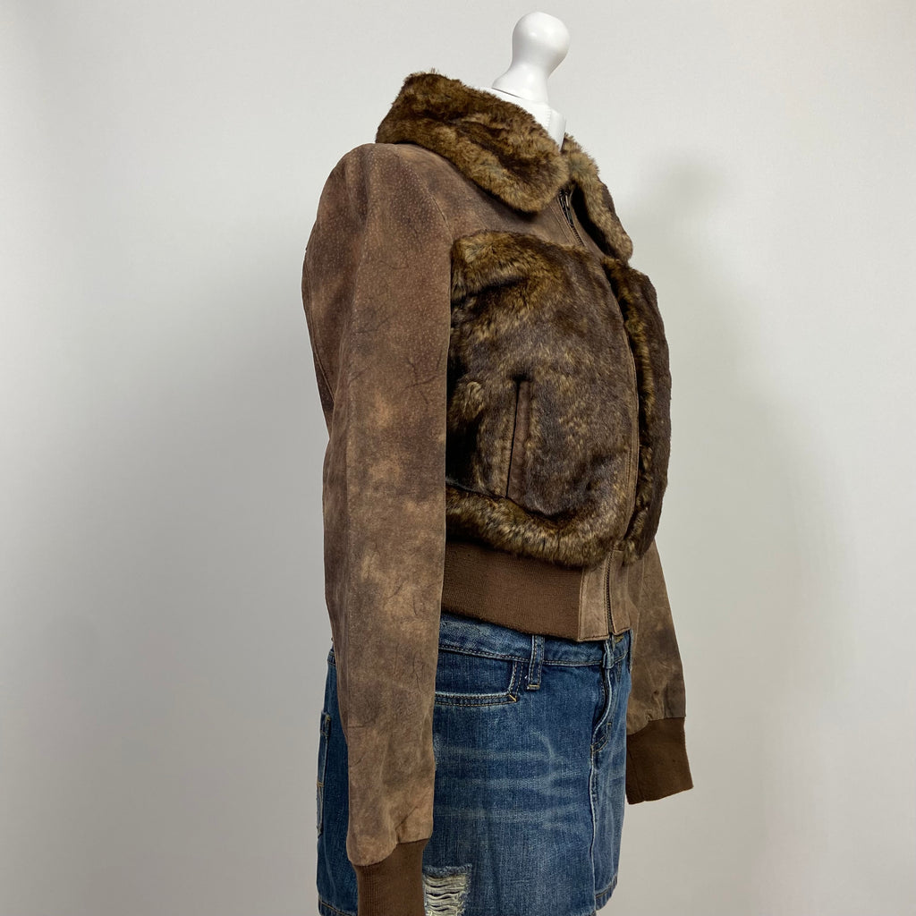 00s Faux Fur Bomber Leather Jacket - Size S - Funky Cat