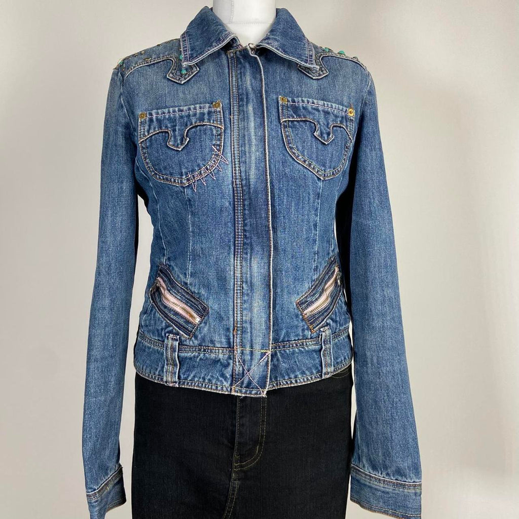 00s Embellished Denim Racer Jacket - Size S - Funky Cat