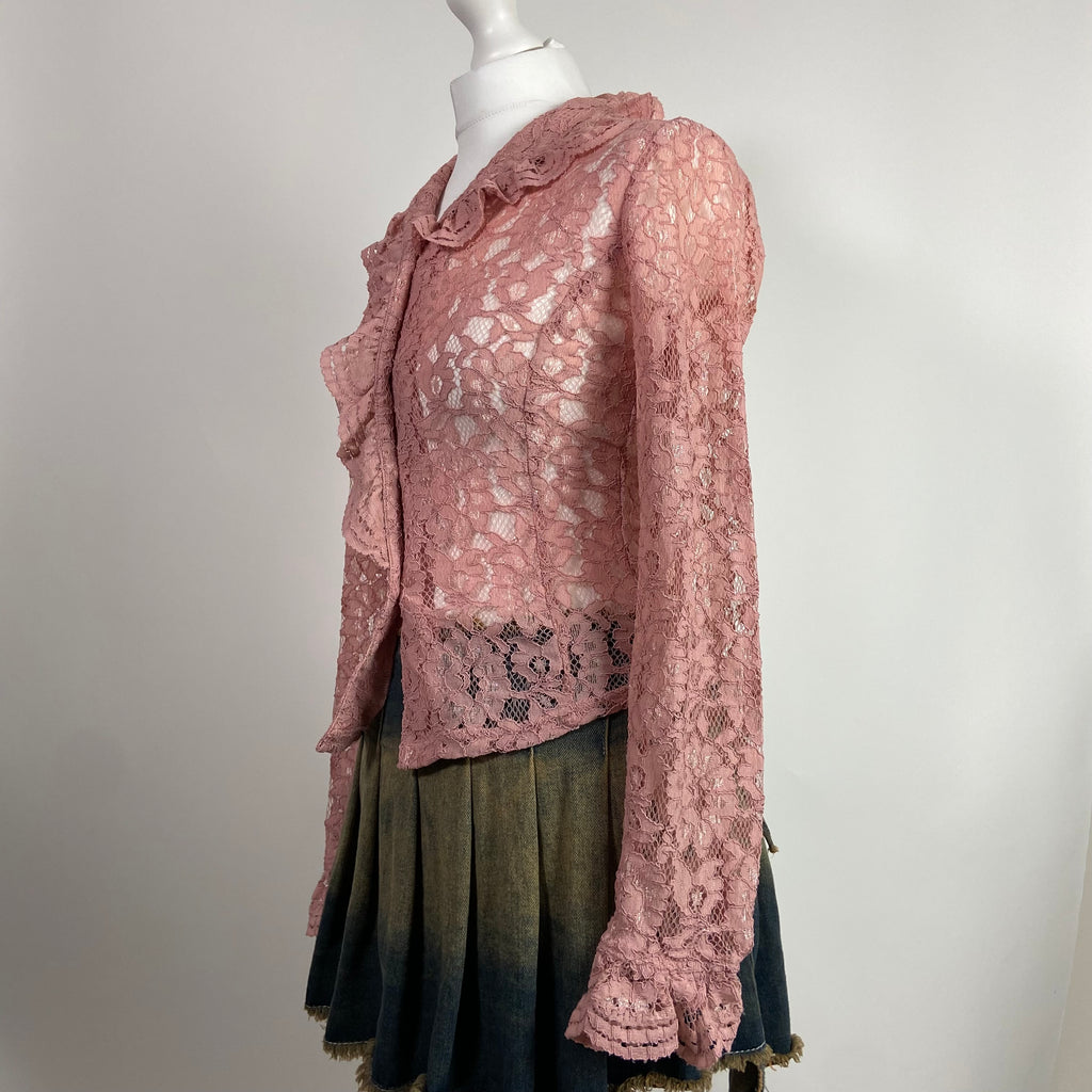00s Pink Lace Button Up Shirt - Size S - Funky Cat