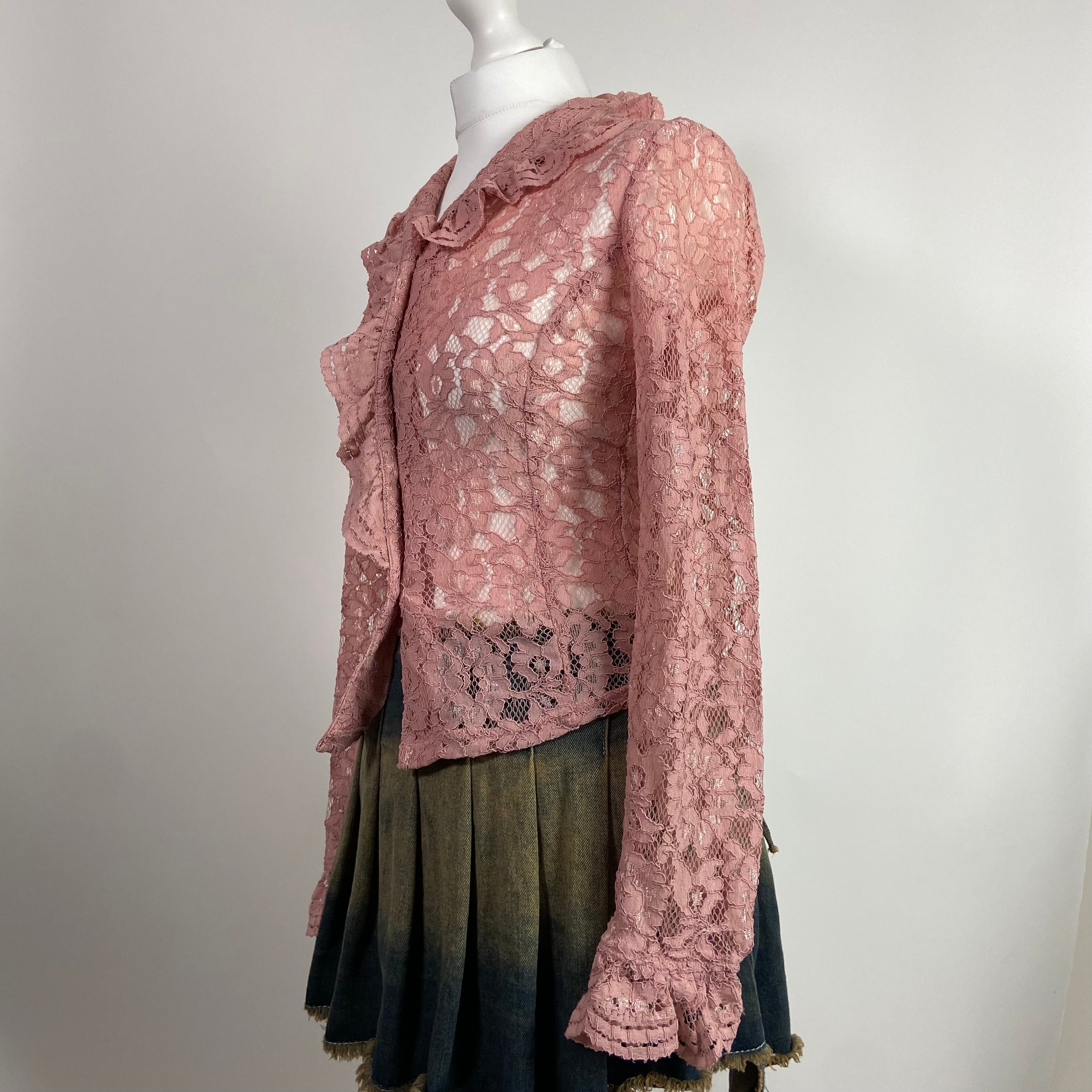 00s Pink Lace Button Up Shirt - Size S - Funky Cat