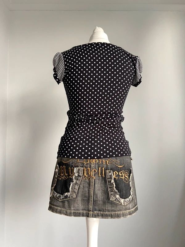 Vintage 00s Stripey Polka Dot Top - Size M - Funky Cat