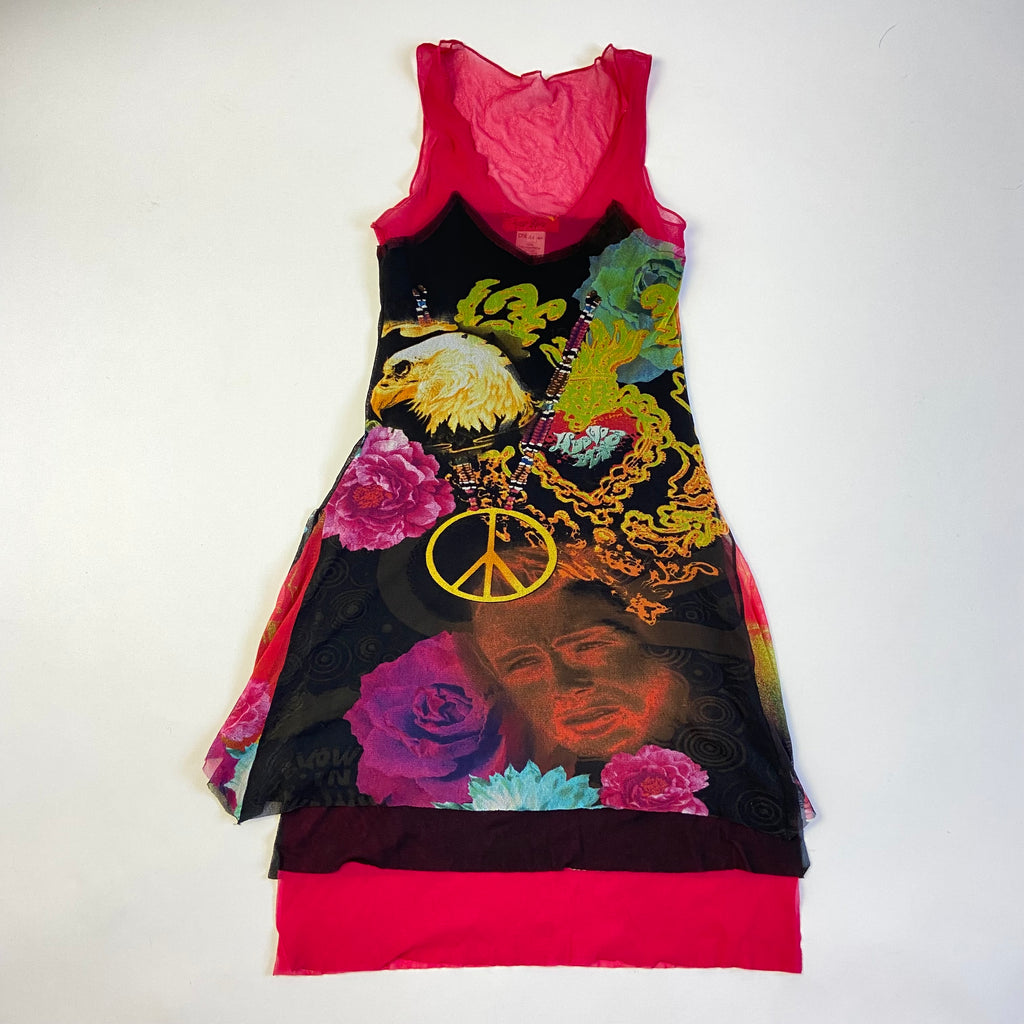 00s Mesh Graphic Print Dress - Size S - Funky Cat