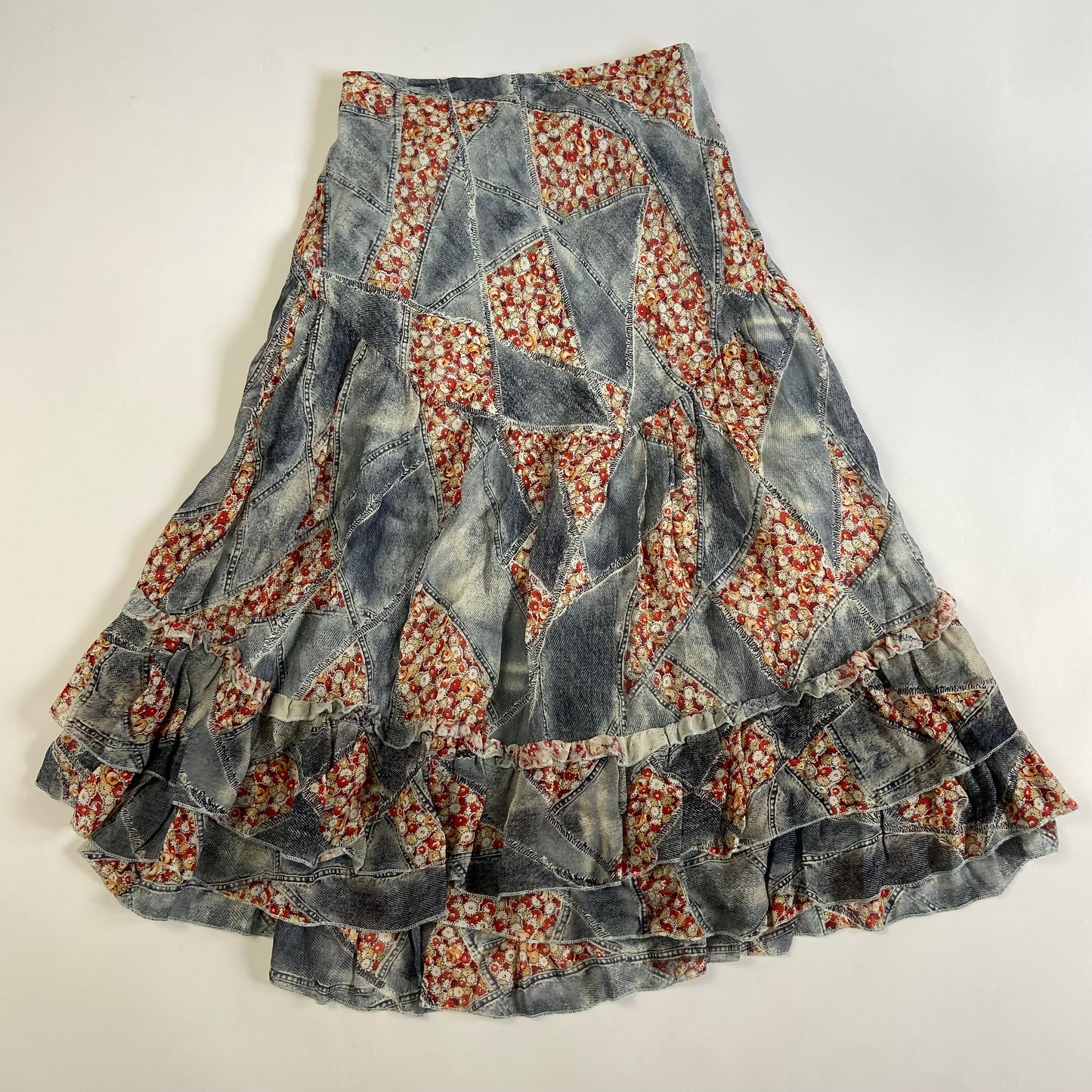 00s Patchwork Printed Ruffled Skirt - Size S/M