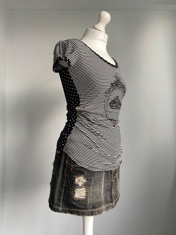 Vintage 00s Stripey Polka Dot Top - Size M - Funky Cat