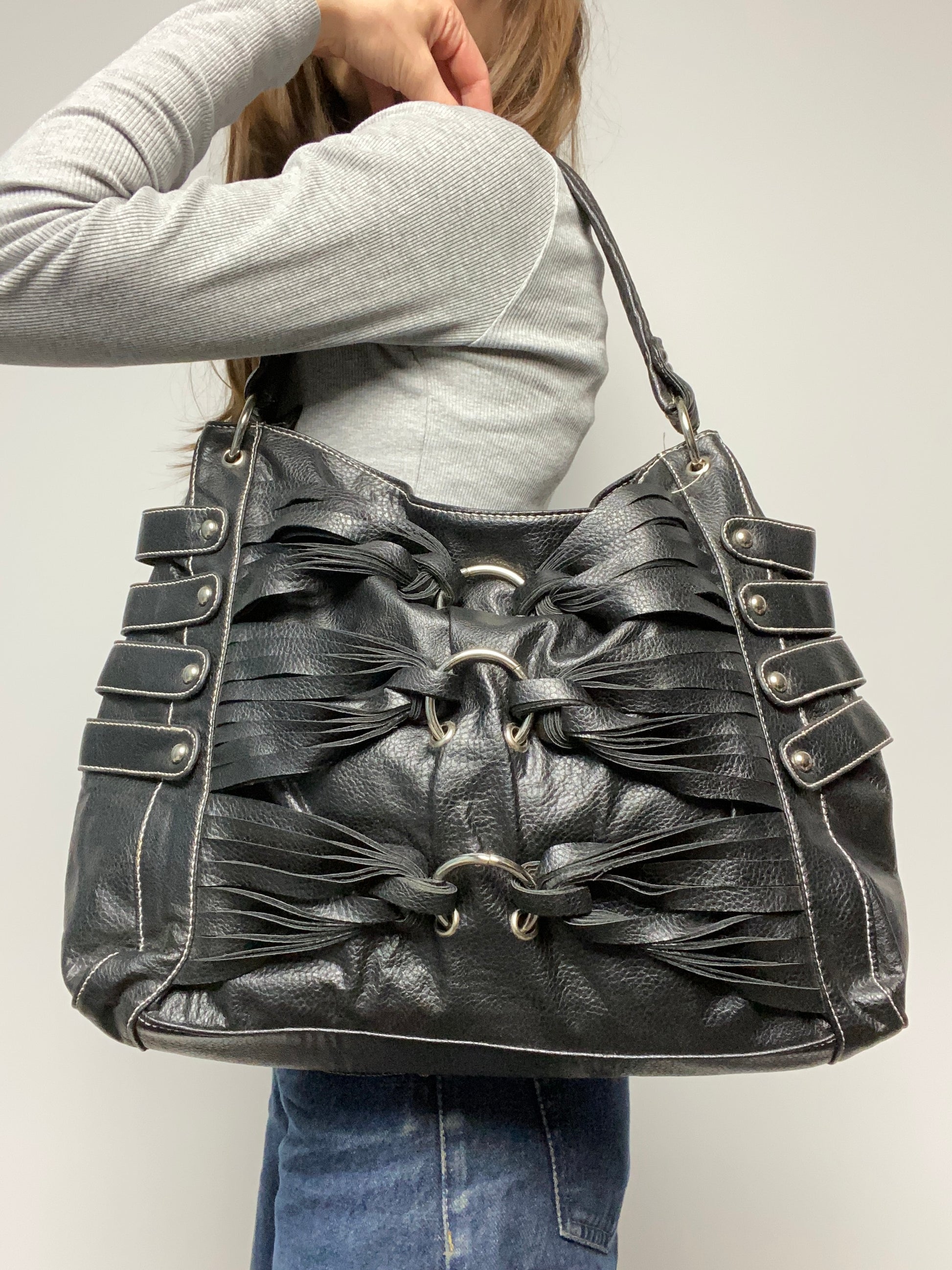 Vintage 00s Grunge Eyelet Leather Bag - Funky Cat