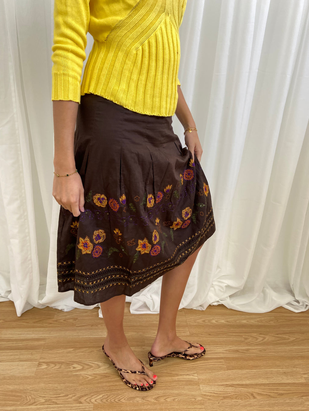Vintage 00s Brown Embroidered Skirt - Size S