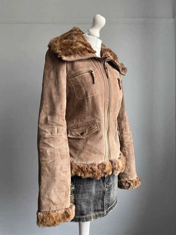 Vintage 00s Fur Trim Leather Jacket - Size M