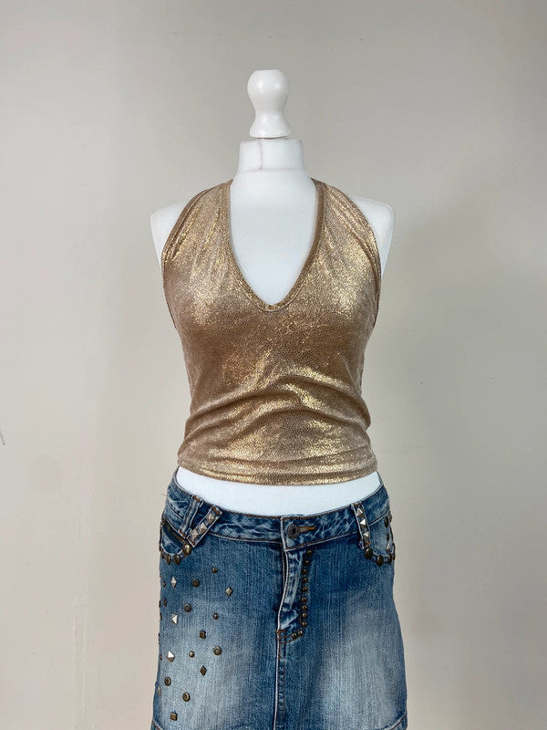 00s Gold Halterneck Top - Size S - Funky Cat
