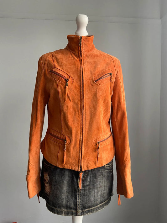 Vintage 00s Orange Suede Racer Jacket - Size L - Funky Cat