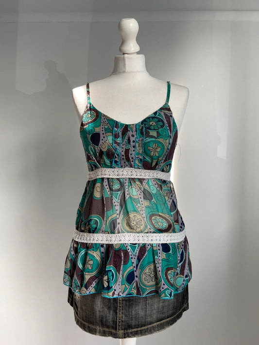 Vintage 00s Babydoll Cami Top - Size S - Funky Cat