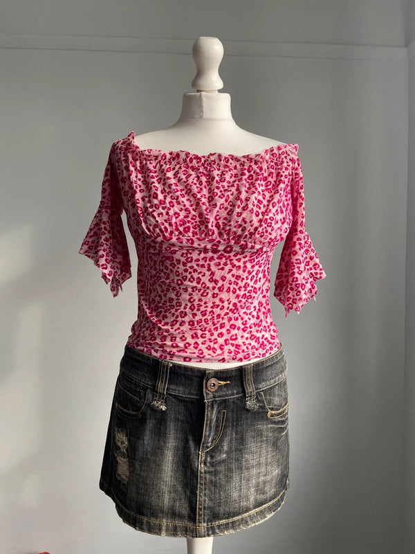 Vintage 00s Off The Shoulder Mesh Top - Size L - Funky Cat