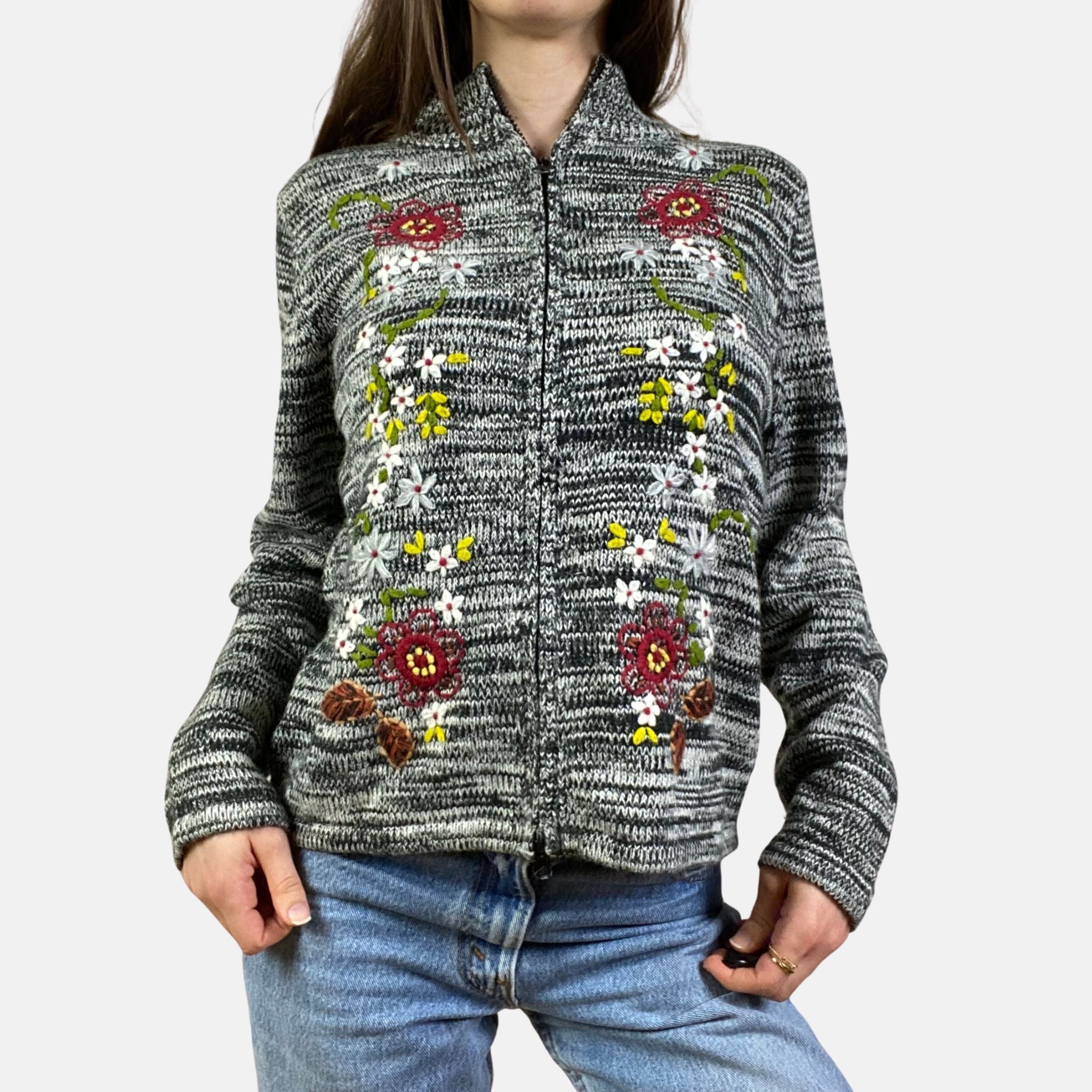 00s Embroidered Zip Jumper - Size S - Funky Cat