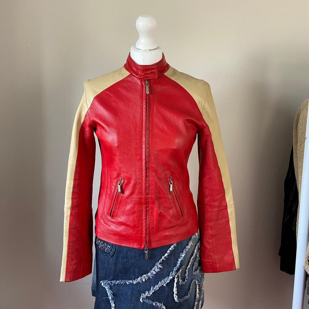 00s Red & Beige Leather Racer Motorcycle Jacket - Size S - Funky Cat