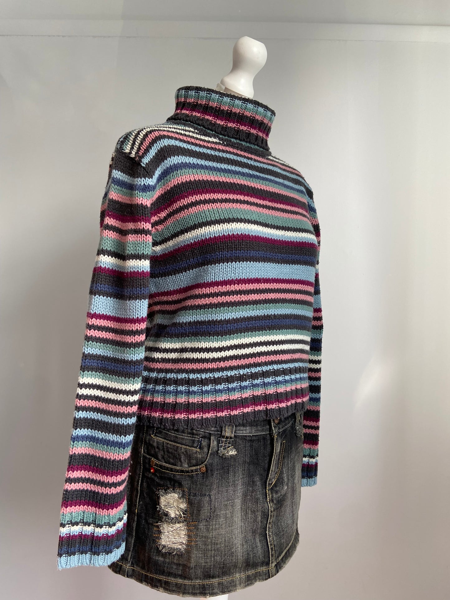 Vintage 00s Stripey Jumper - Size M - Funky Cat