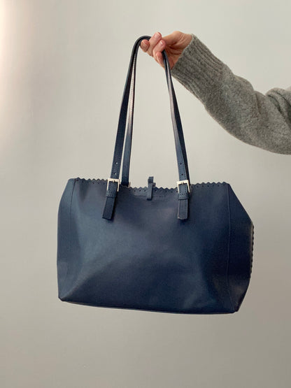 Vintage 00s Blue Leather Tote Bag - Funky Cat