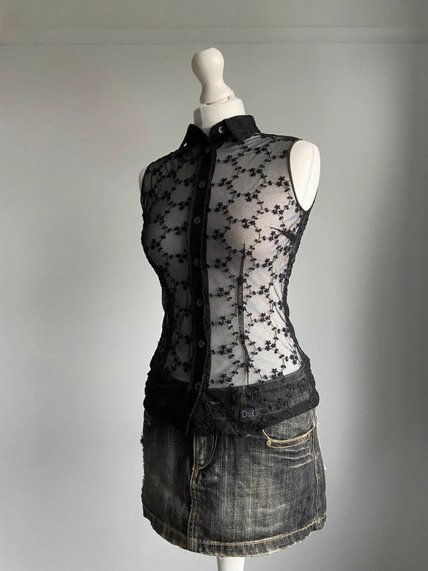 D&G Embroidered Mesh Top - Size S - Funky Cat