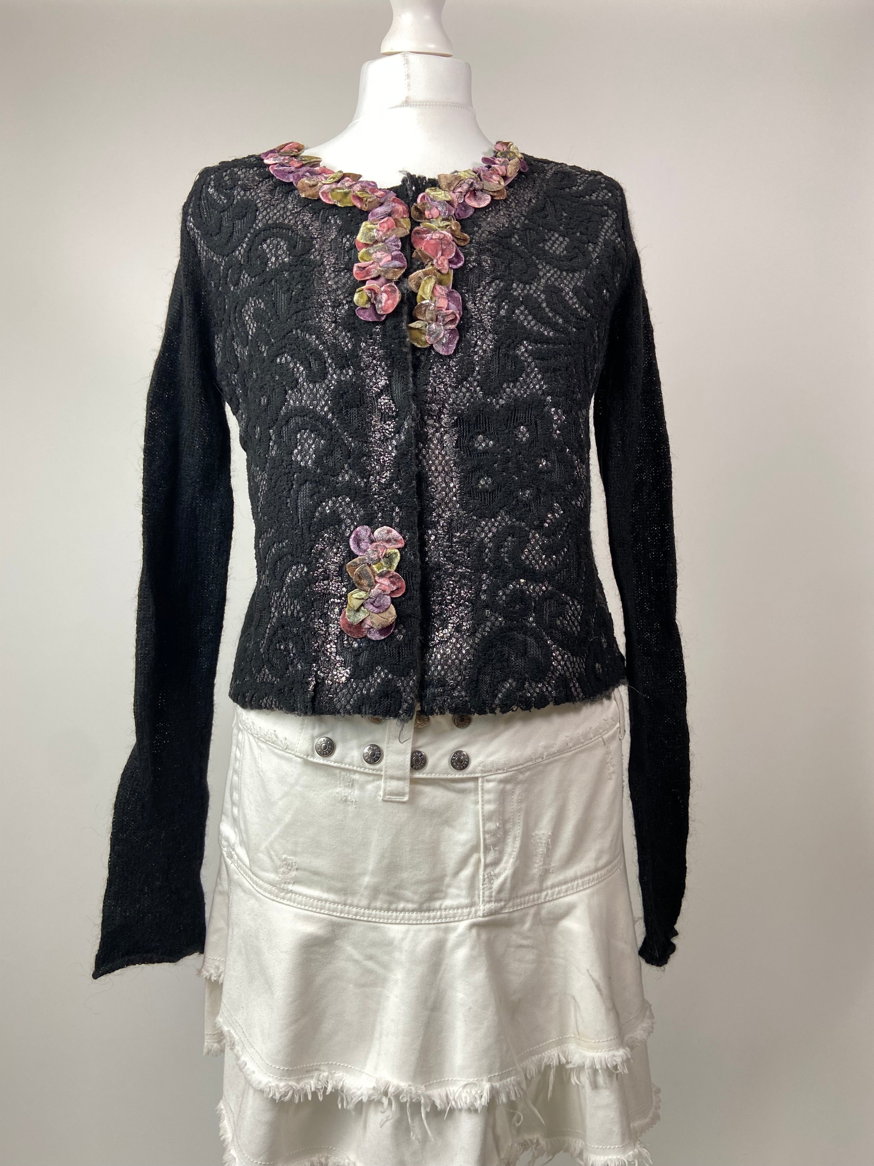 00s Knitted Lace Cardigan With Flowers Detail - Size M/L - Funky Cat