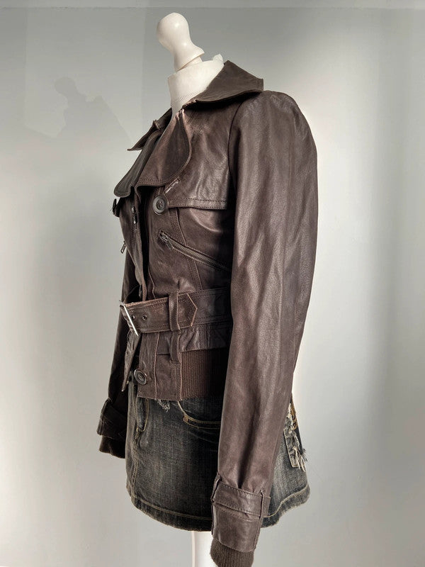 Vintage 00s Belted Leather Jacket - Size S/M - Funky Cat