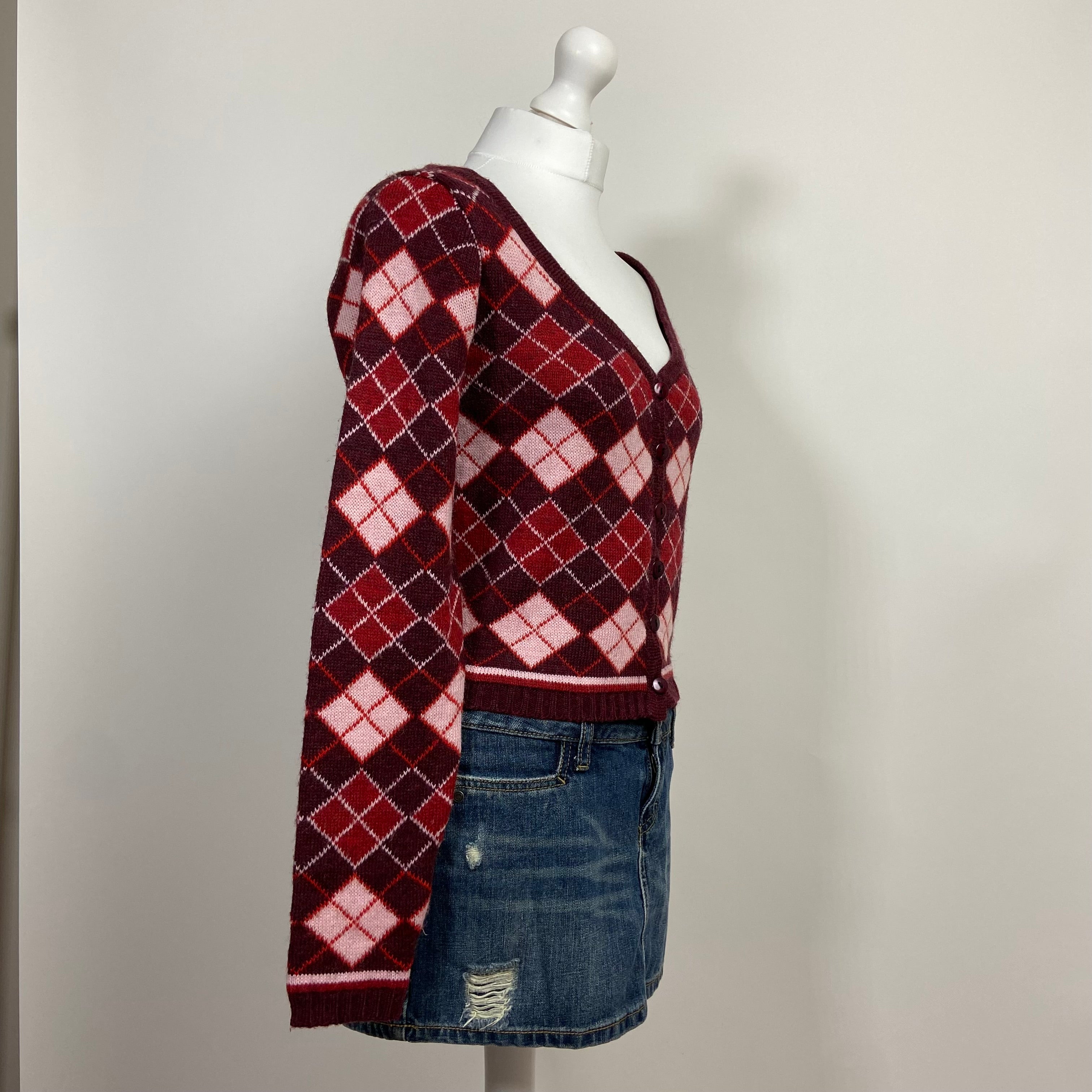 00s Argyle Knit V-Neck Cardigan - Size M - Funky Cat