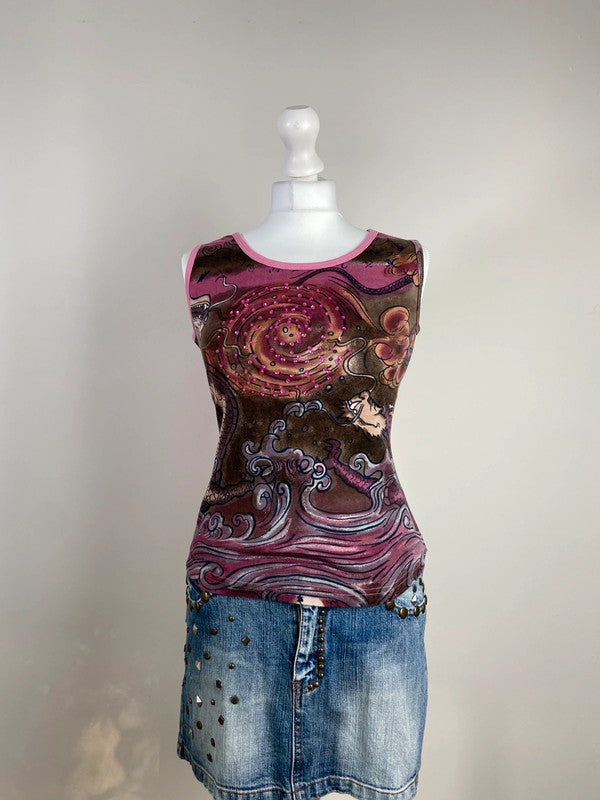 00s Graphic Printed Vest Top - Size L/XL - Funky Cat