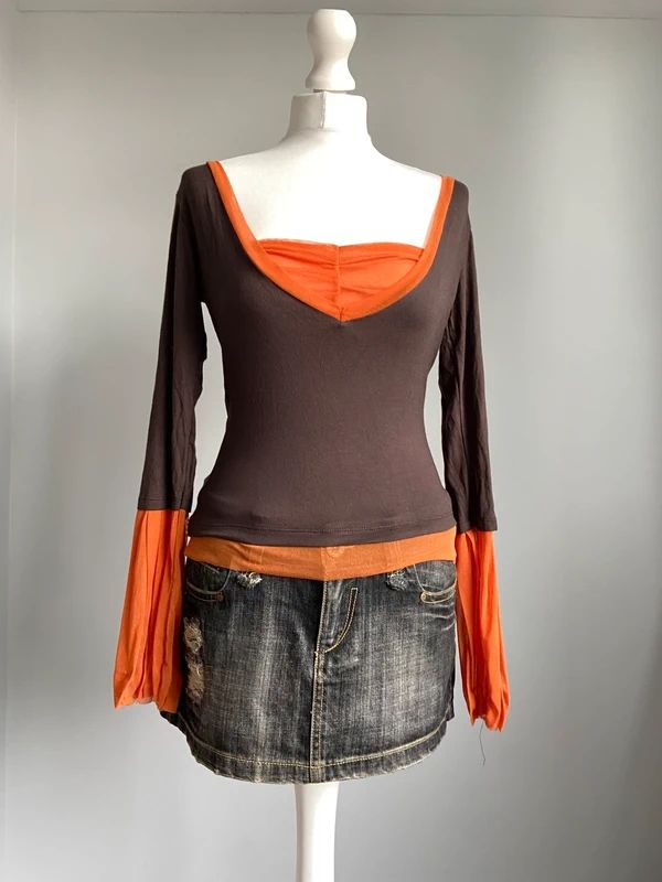 Vintage 00s Brown and Orange Mesh Top - Size M - Funky Cat