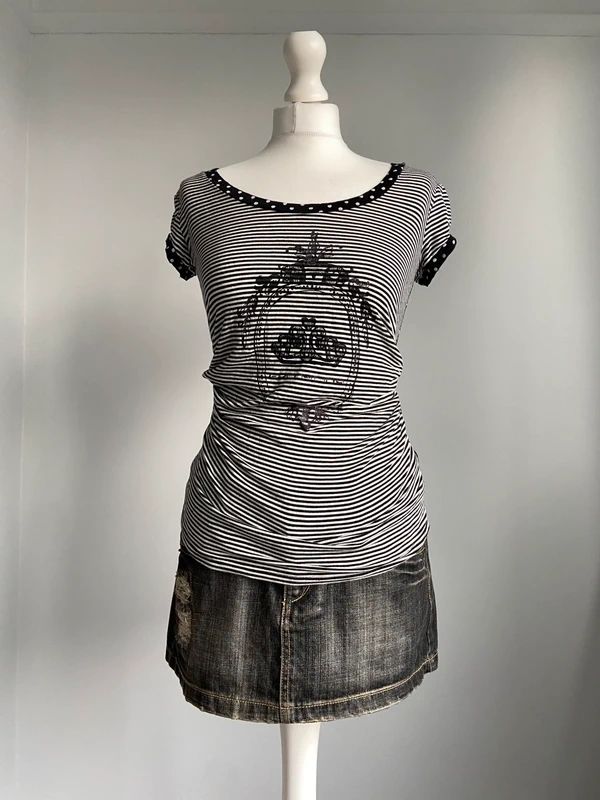 Vintage 00s Stripey Polka Dot Top - Size M - Funky Cat