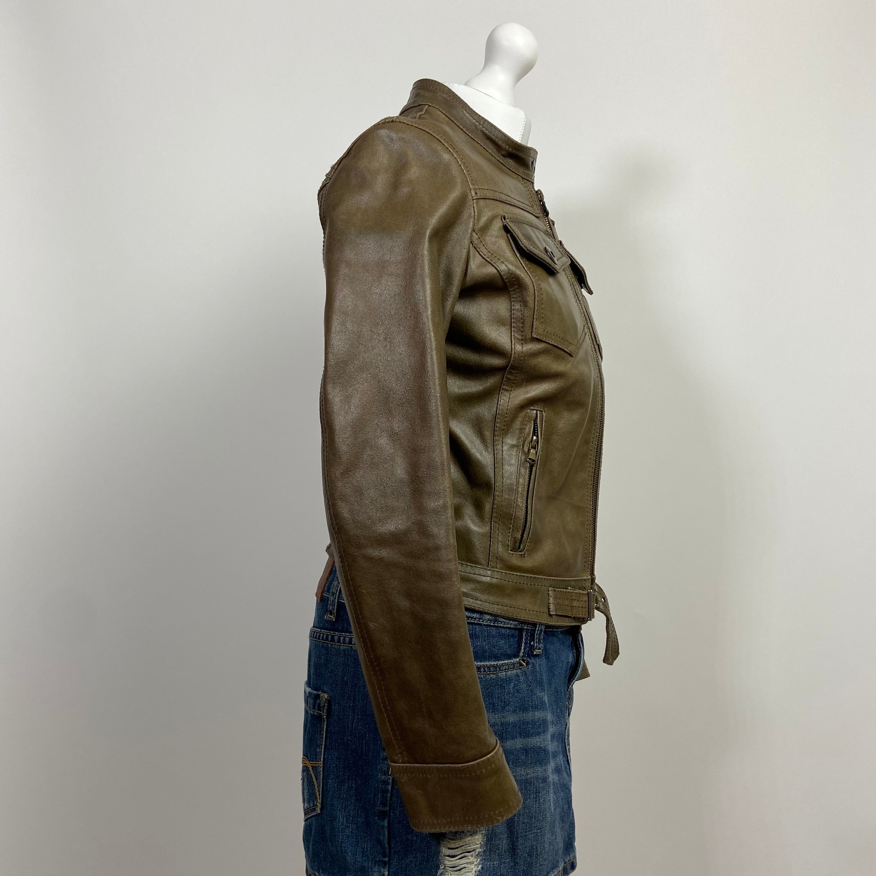 00s Khaki Leather Racer Jacket - Size XS - Funky Cat