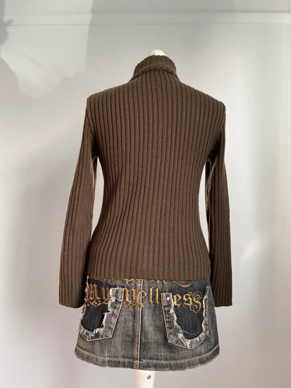 Vintage 00s Brown Zip Up Jumper - Size M - Funky Cat