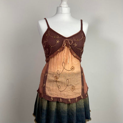 00s Rose and Brown Embroidered Cami - Size L