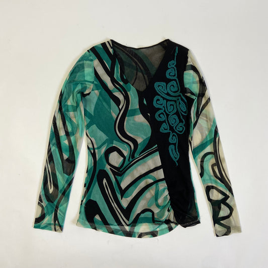 00s Mesh Abstract Print Embroidered Top - Size M