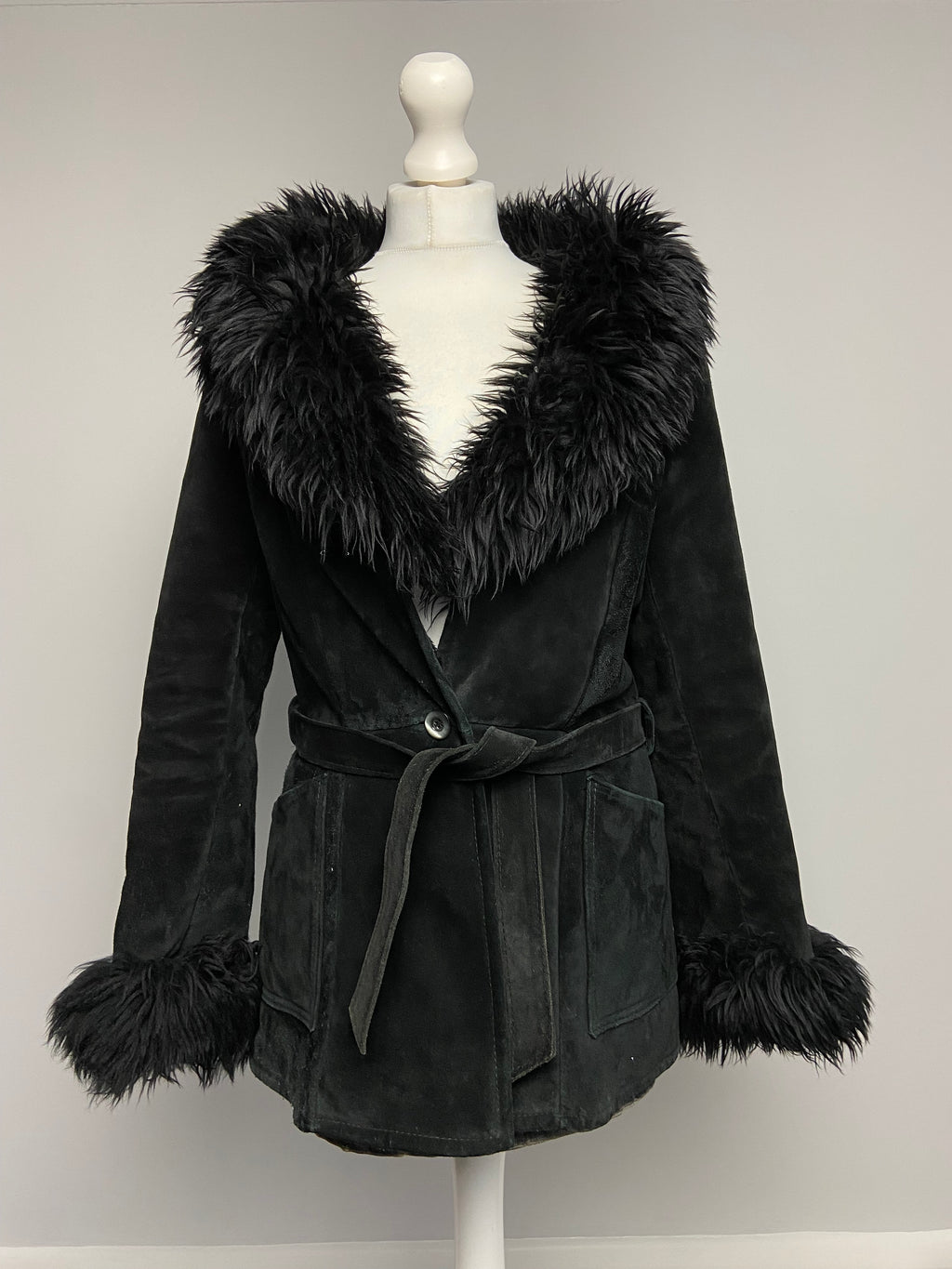 Vintage Leather Mongolian Fur Trim Coat - Size M - Funky Cat