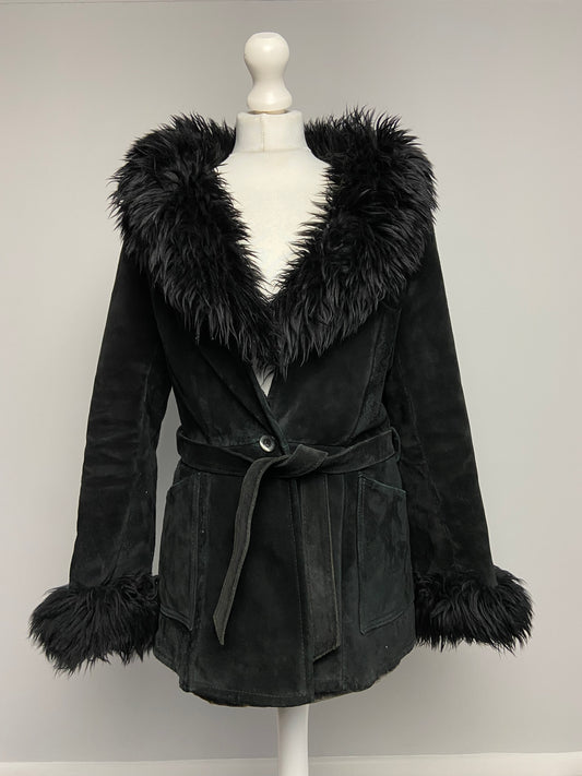 Vintage Leather Mongolian Fur Trim Coat - Size M - Funky Cat