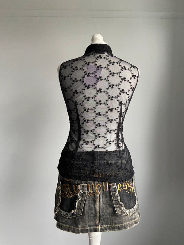 D&G Embroidered Mesh Top - Size S - Funky Cat