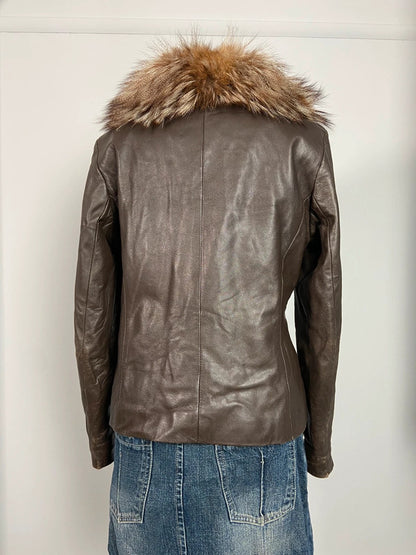 Vintage Leather Fur Trim Jacket - Size L
