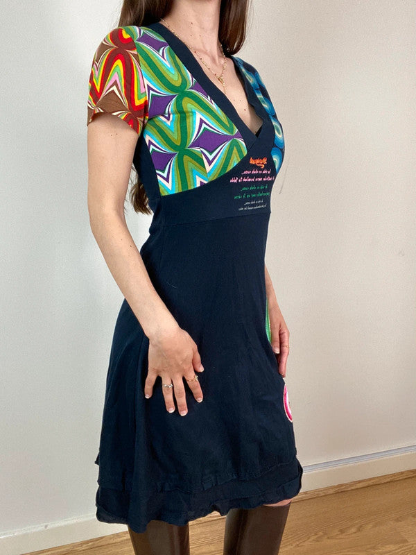Desigual Funky Print V-Neck Dress - Size S - Funky Cat