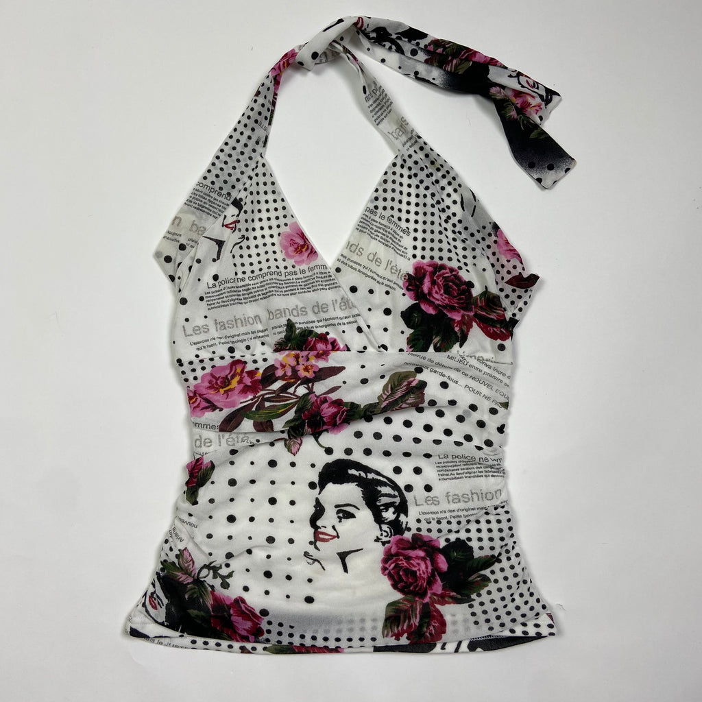 00s Graphic Halter Neck Top - Size XS/S - Funky Cat