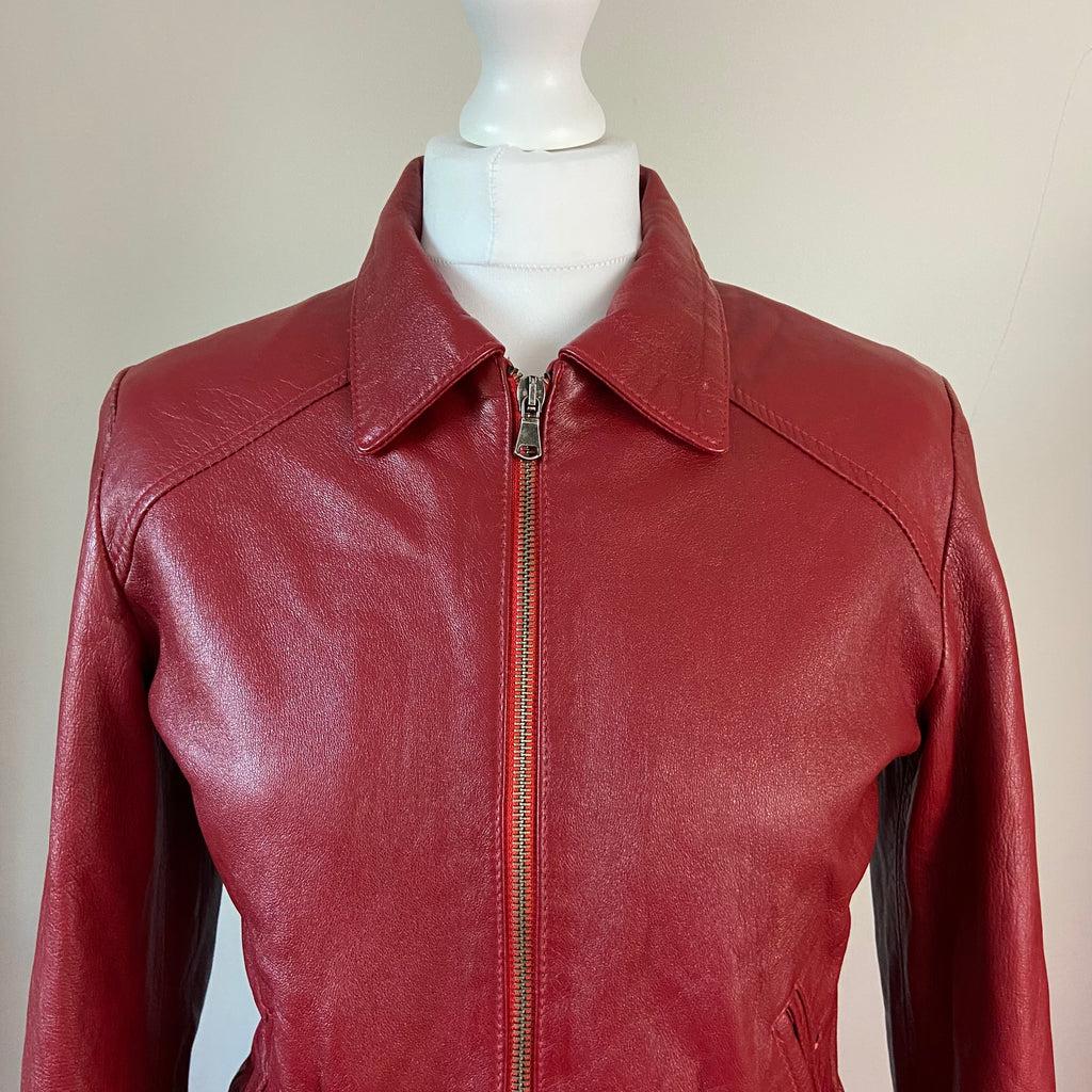 00s Burgundy Leather Jacket - Size S - Funky Cat