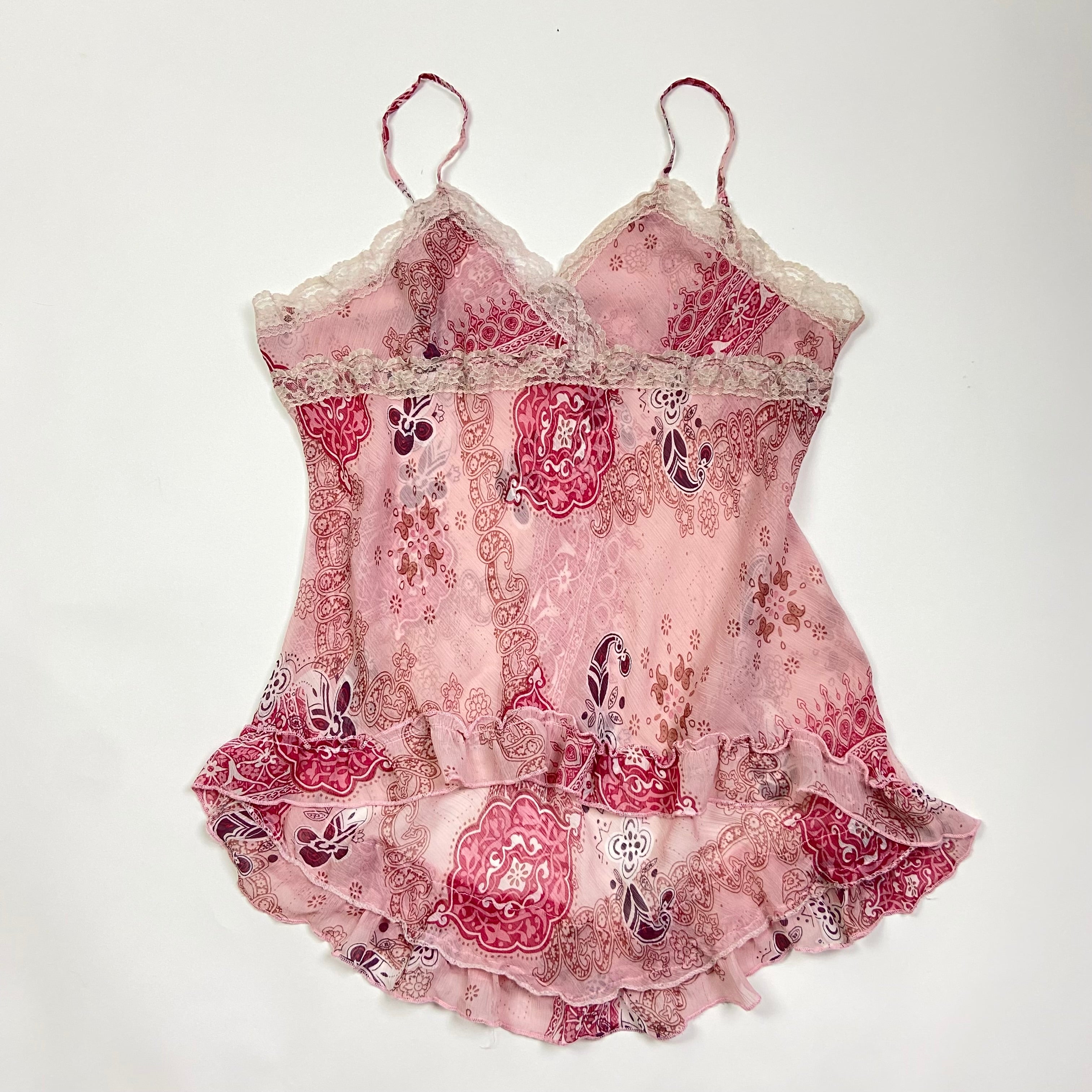 00s Lace Trim Pink Ruffled Cami - Size L - Funky Cat