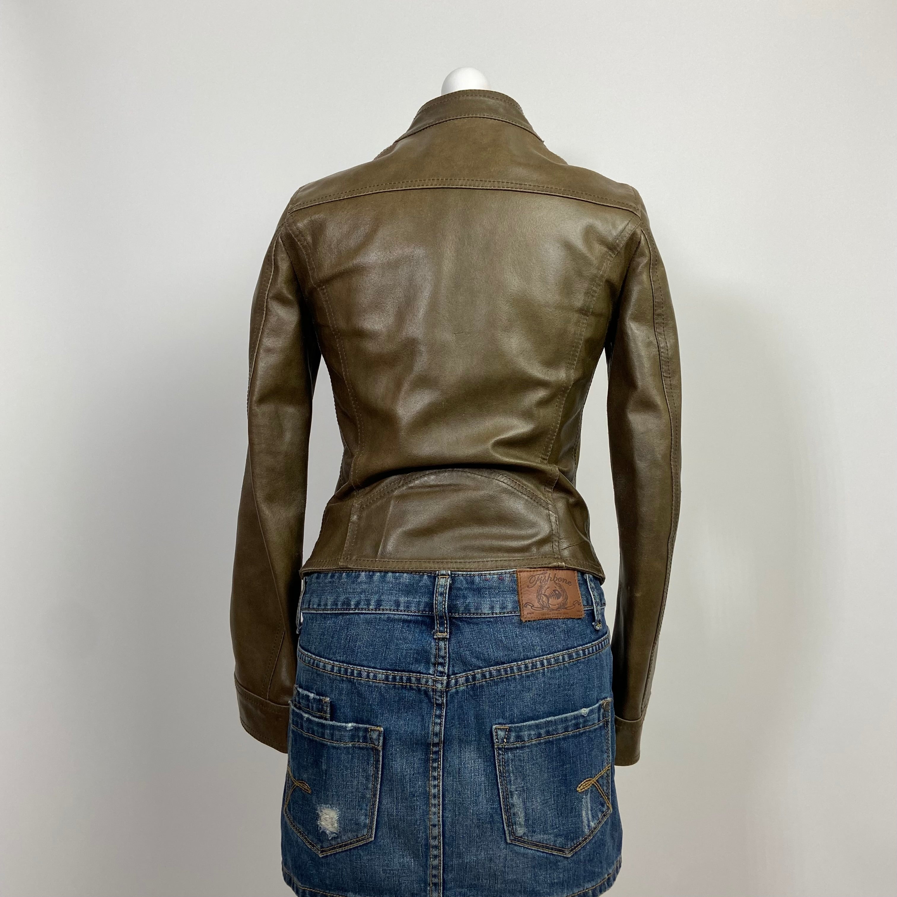 00s Khaki Leather Racer Jacket - Size XS - Funky Cat