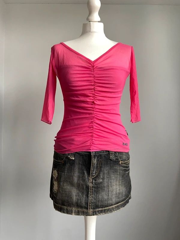 Vintage 00s Ruched Top With Bow - Size S - Funky Cat