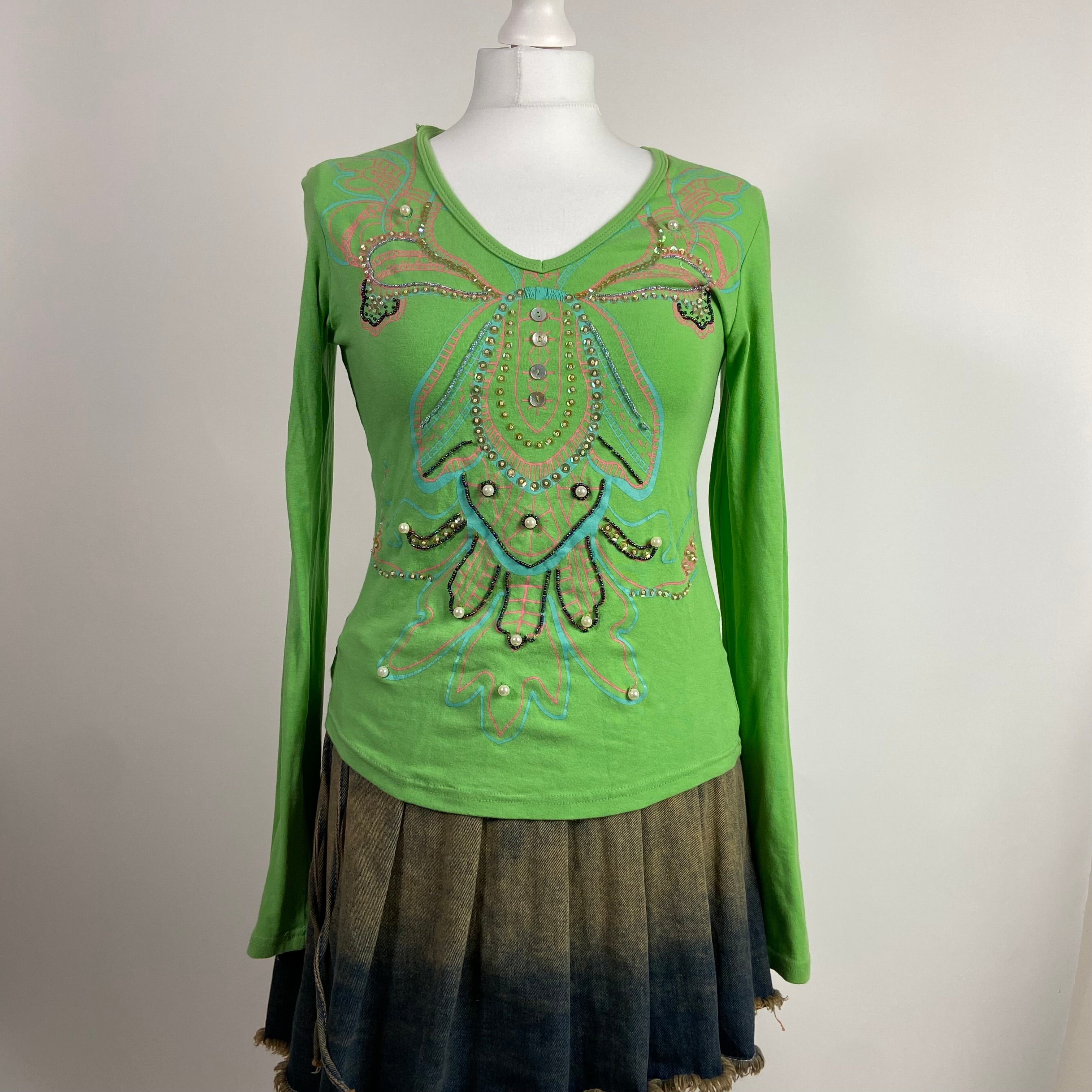 00s Embellished Long Sleeve Top - Size S/M - Funky Cat