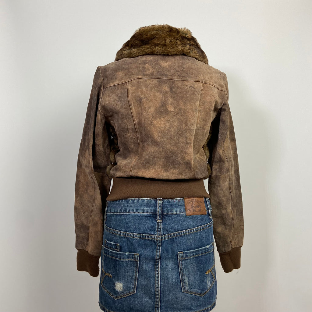 00s Faux Fur Bomber Leather Jacket - Size S - Funky Cat