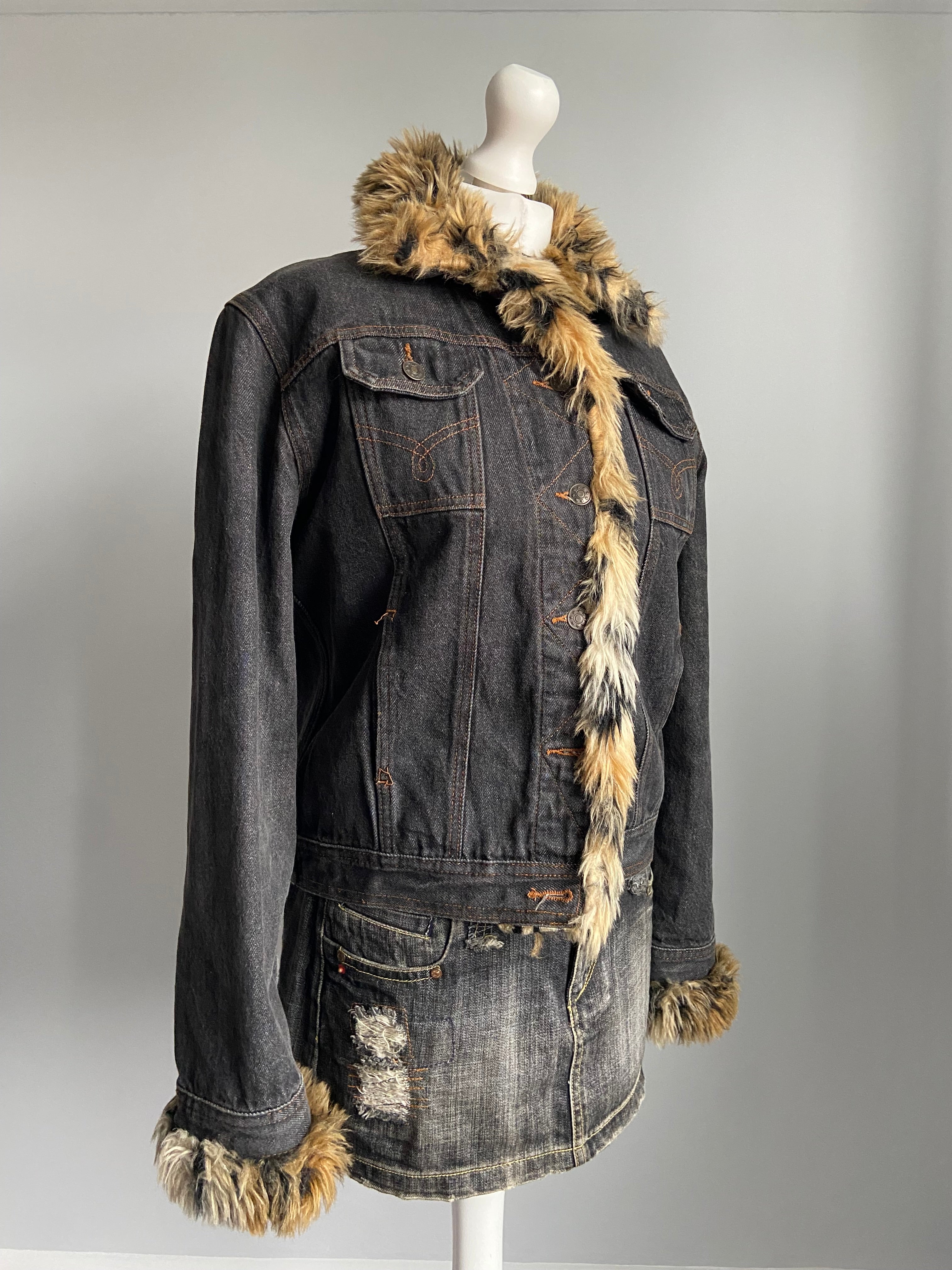 Vintage 00s Faux Fur Denim Jacket - Size M/L - Funky Cat