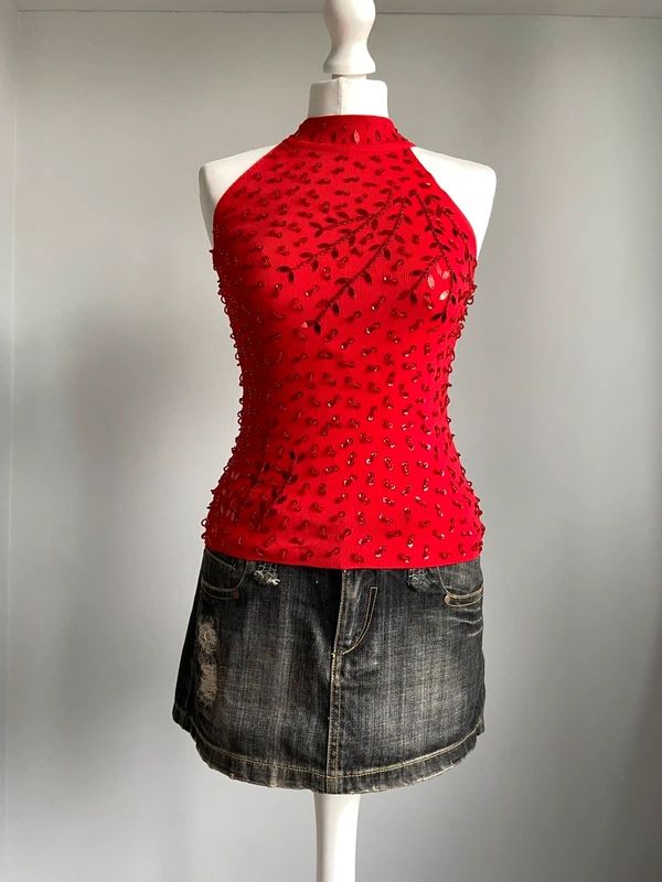 Vintage 00s Sequin Top - Size S/M - Funky Cat
