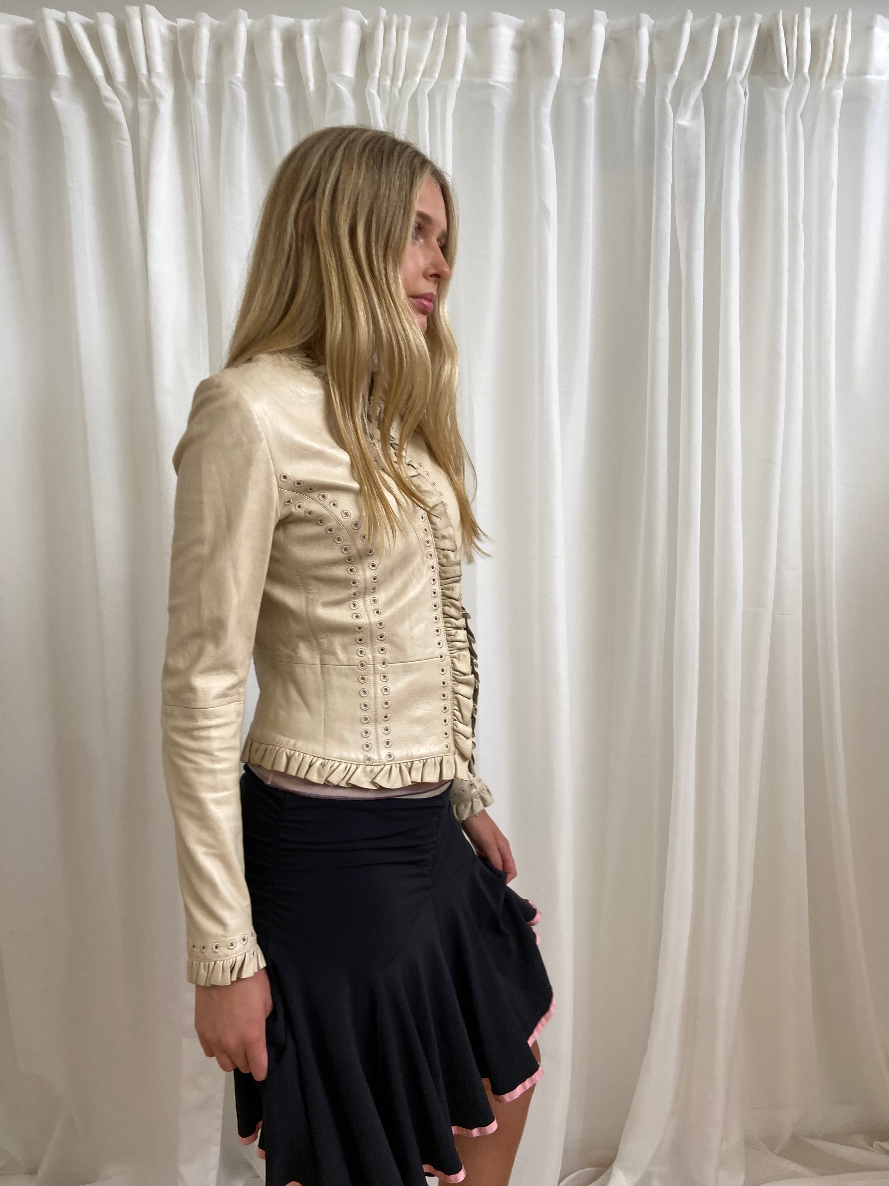 Vintage 00s Ruffled Hems Leather Jacket - Size XS
