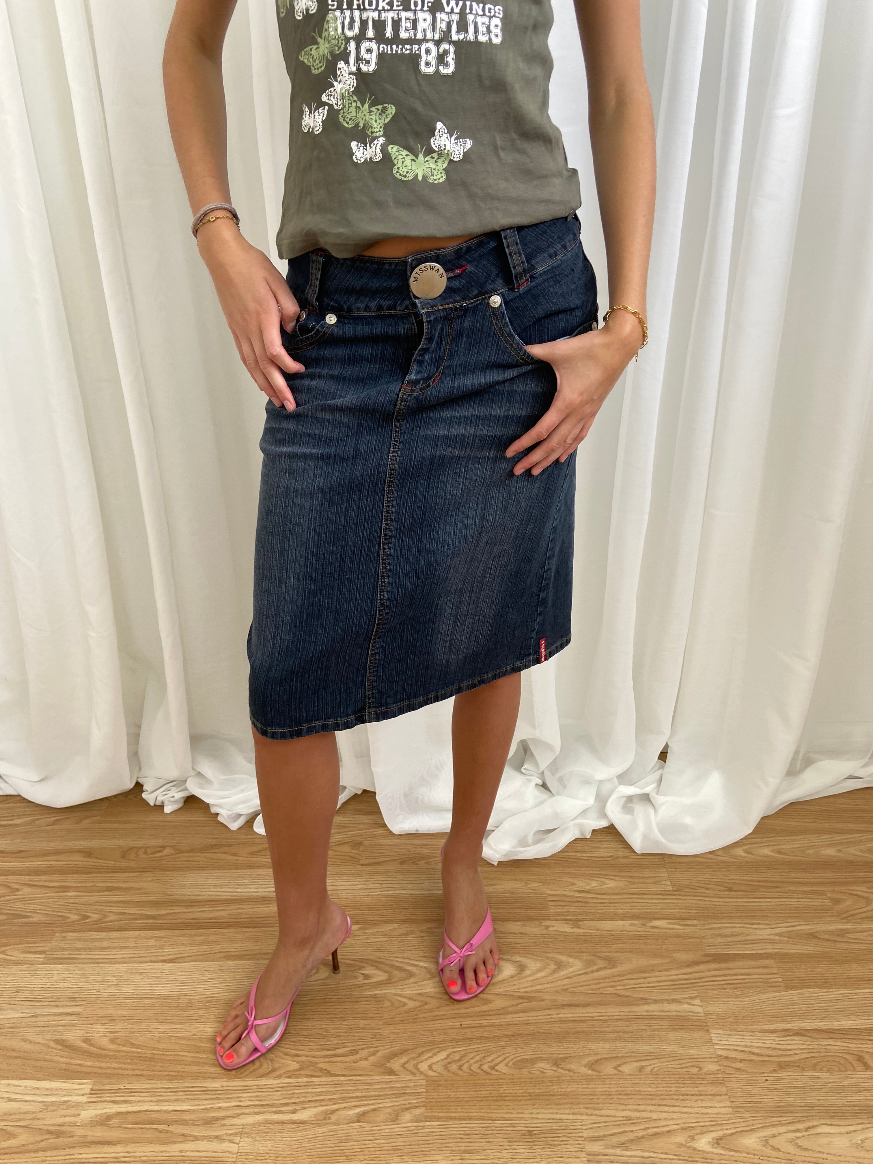 Vintage 00s Denim Midi Skirt - Size UK 8