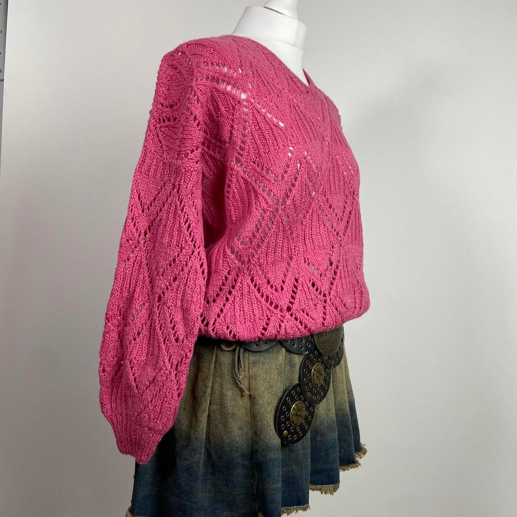 90s Handmade Knitted Jumper - Size M - Funky Cat