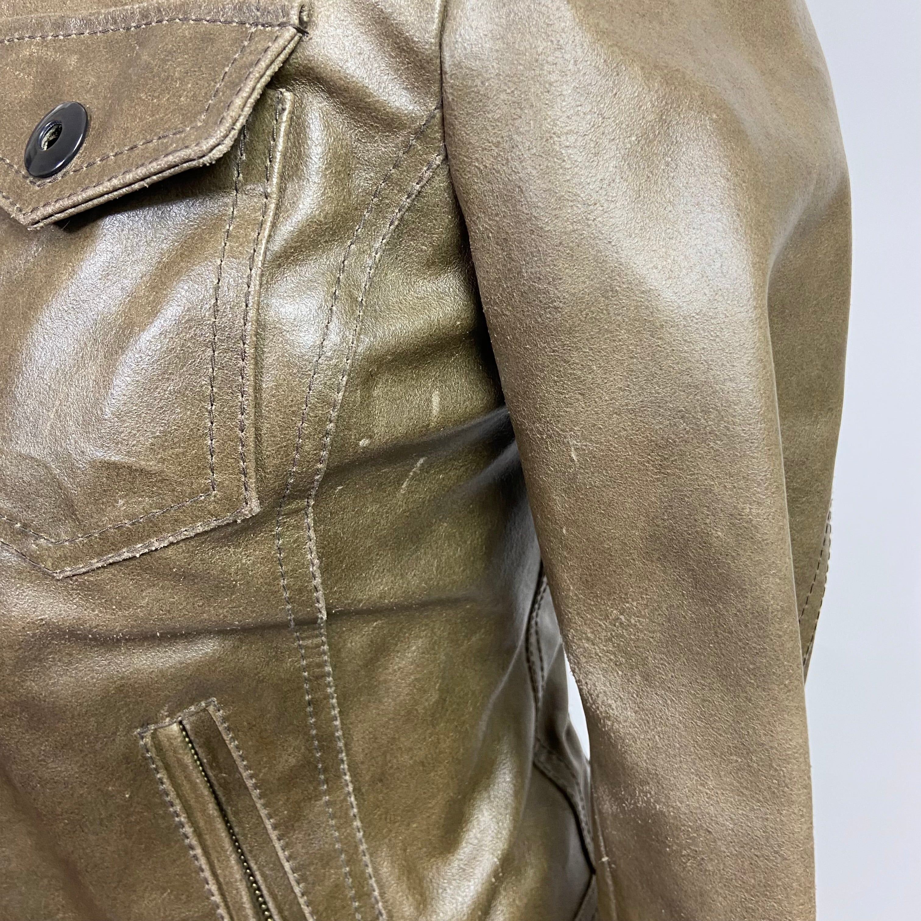 00s Khaki Leather Racer Jacket - Size XS - Funky Cat