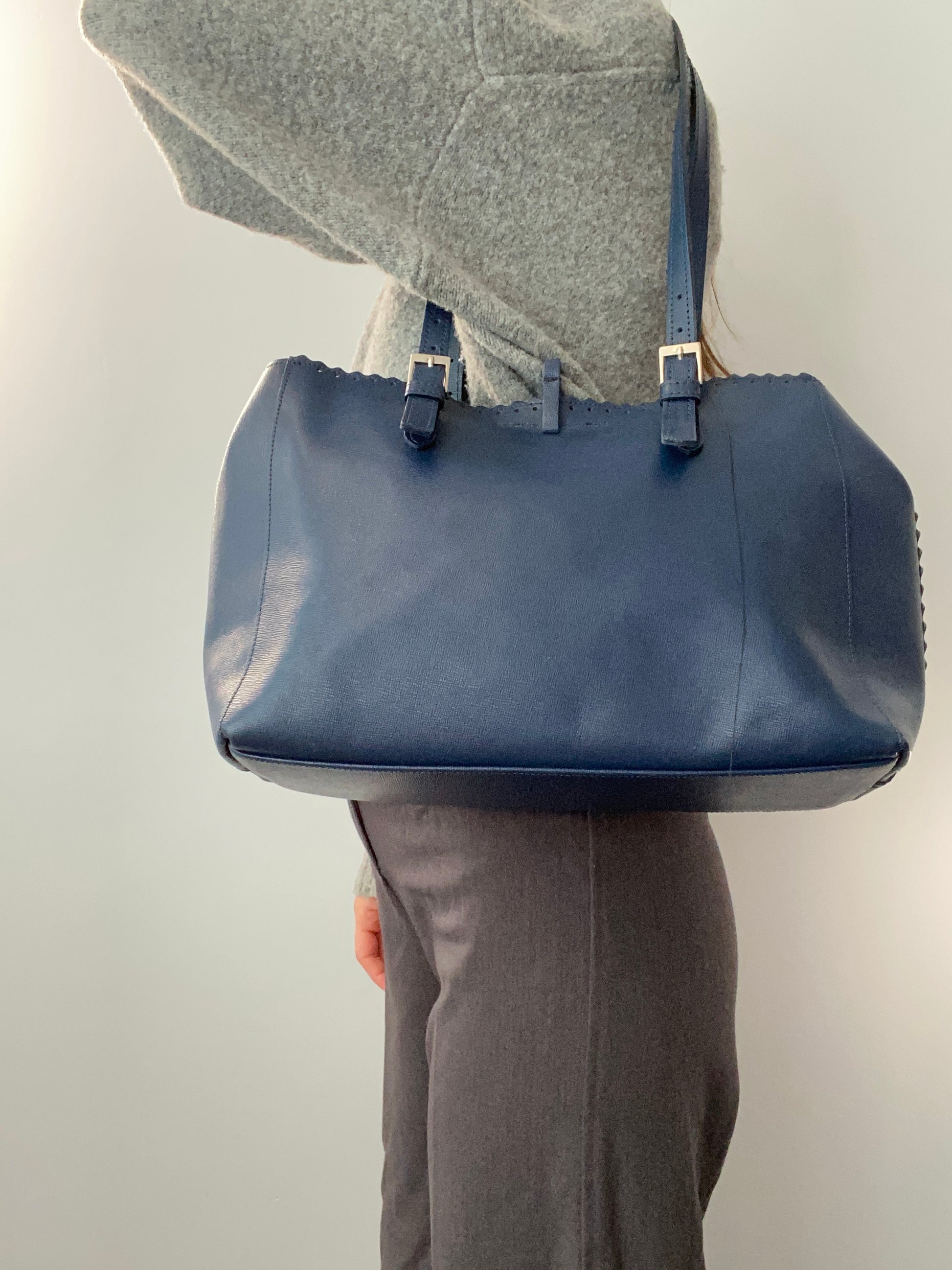 Vintage 00s Blue Leather Tote Bag - Funky Cat