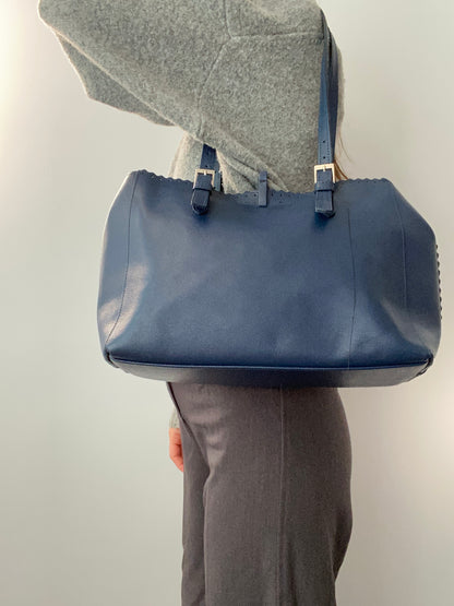 Vintage 00s Blue Leather Tote Bag - Funky Cat